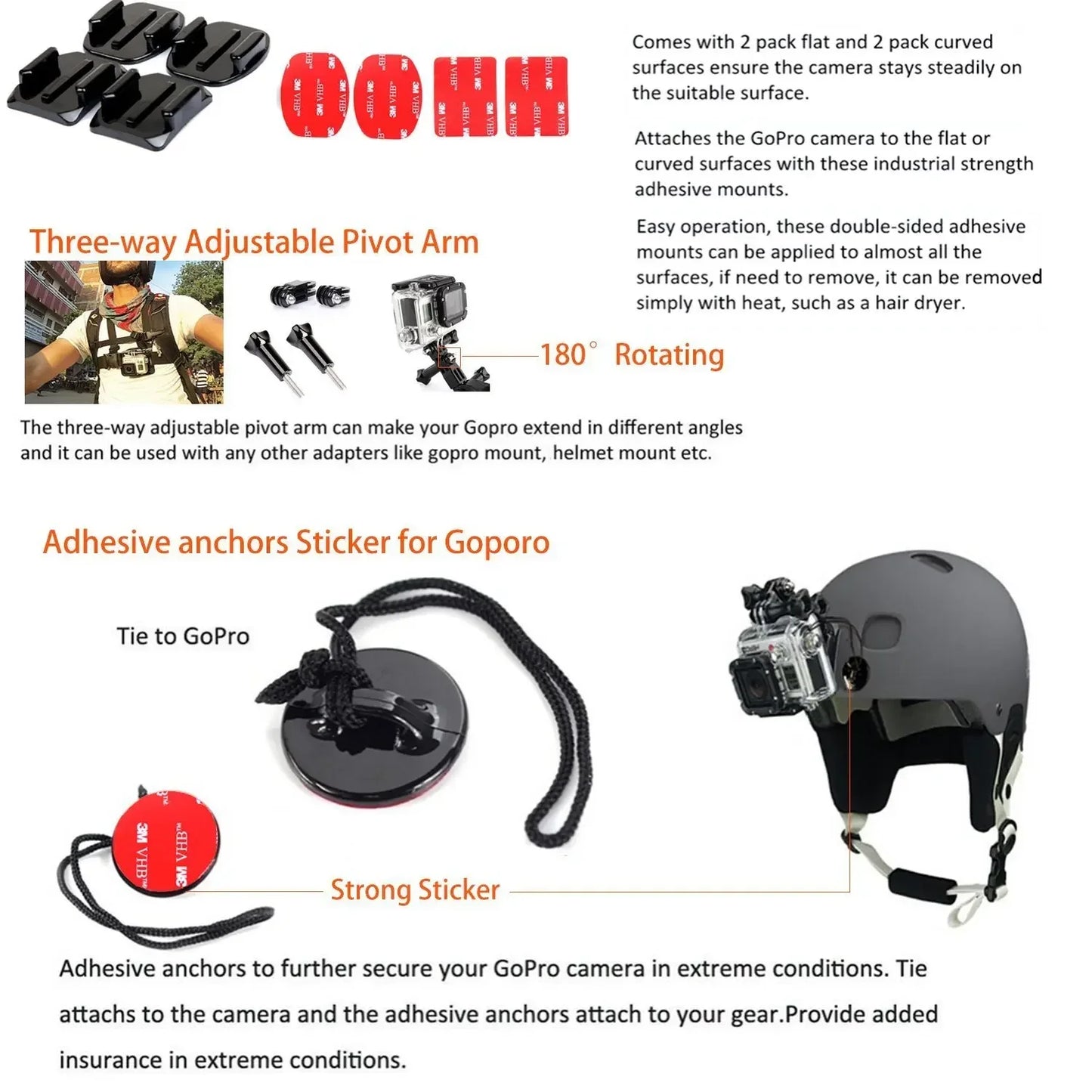 Action camera Tripod accessories For Gopro Hero Set Helmet Extension Arm Mount Kit Curved Selfie Stick For Xiaomi for Sjcam